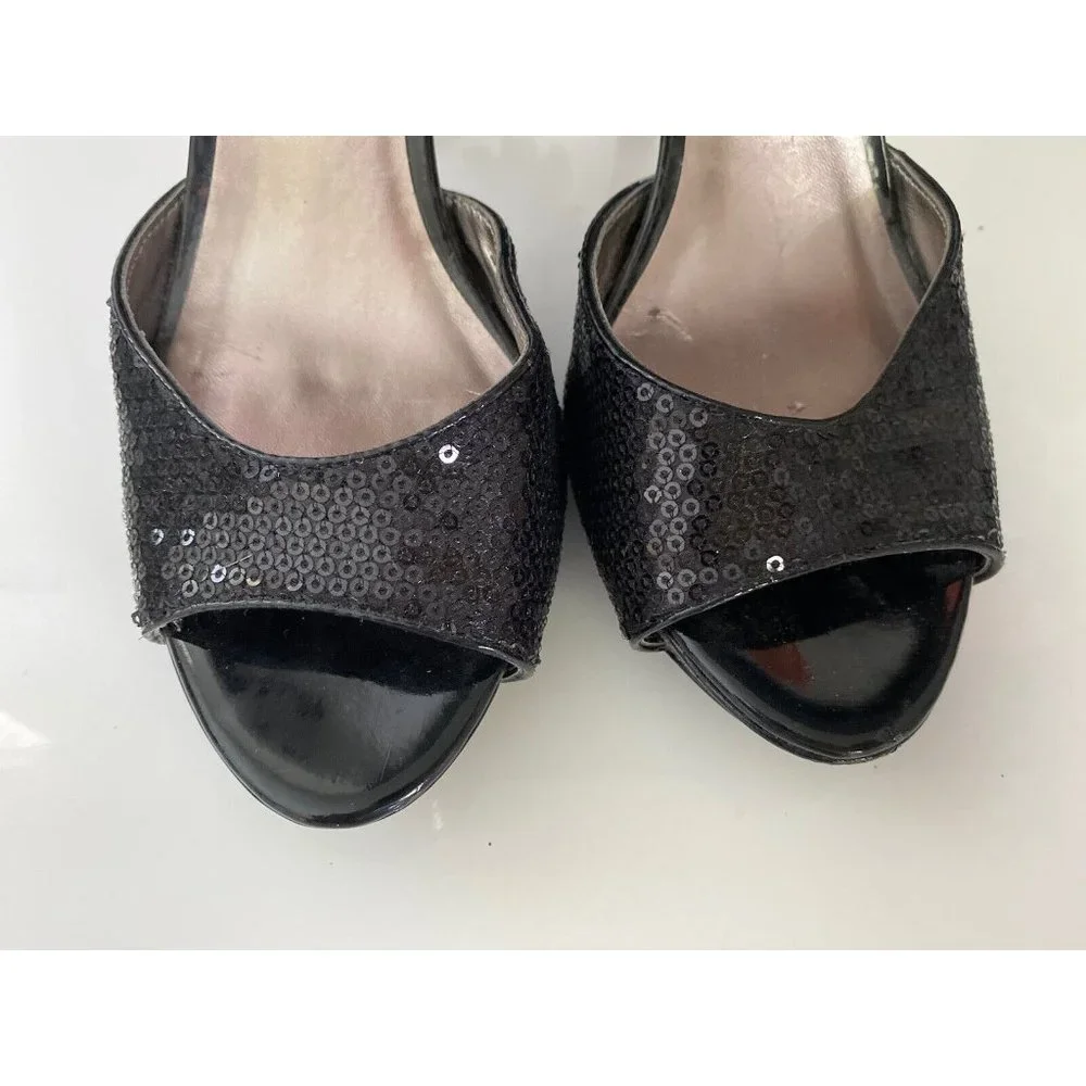 Kelly & Katie Slingback Black Hidden Platform Peep Toe Pumps Sequins‎ Size 7 Vtg